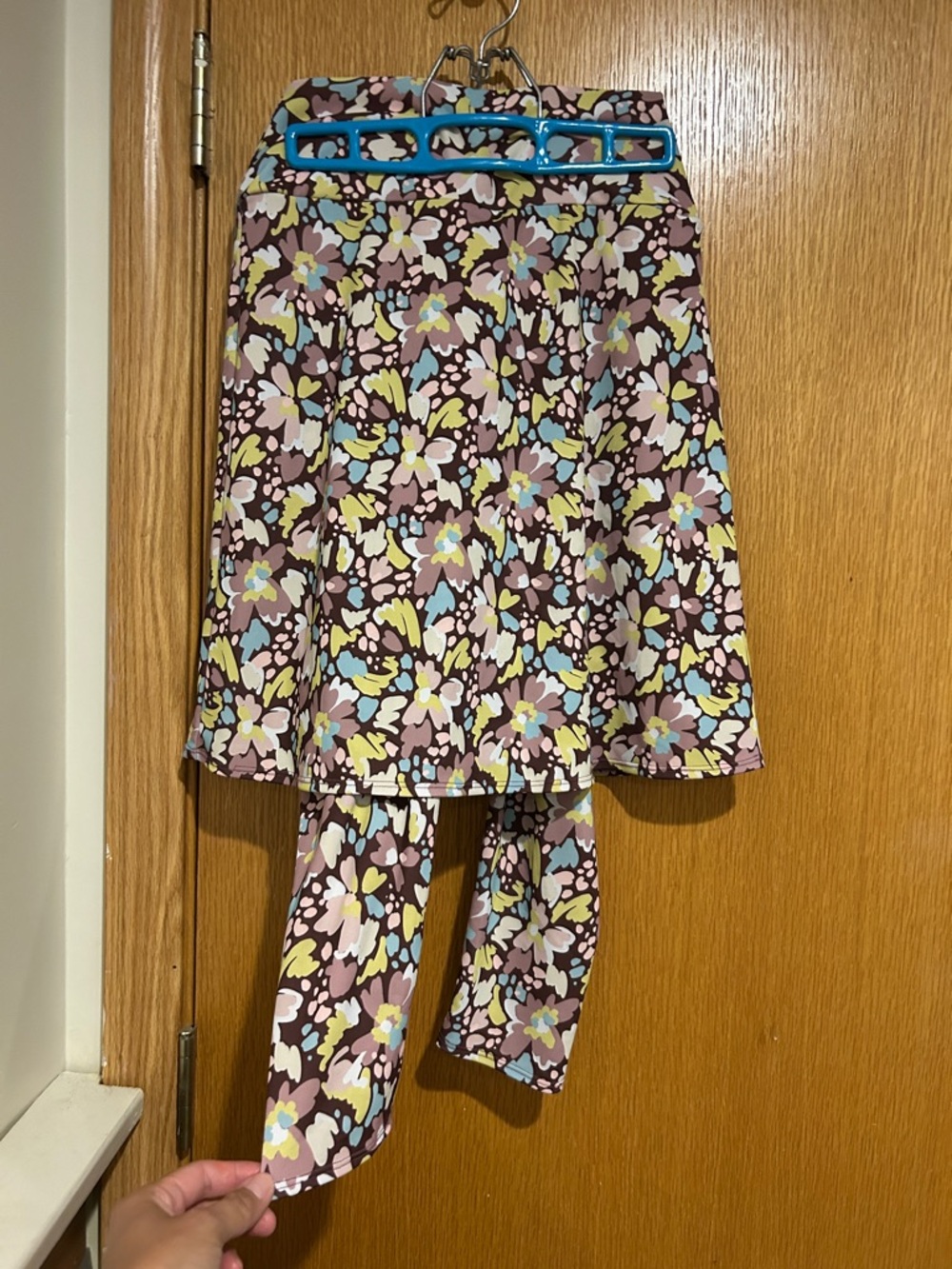 Floral Midi Skirt in Brown with Pastel Bloom Print Capri Length Athletic Skirt